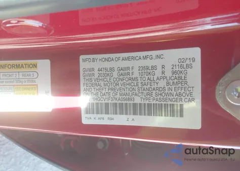 2019 Honda Accord Sport from USA, damaged, VIN 1HGCV1F37KA056893